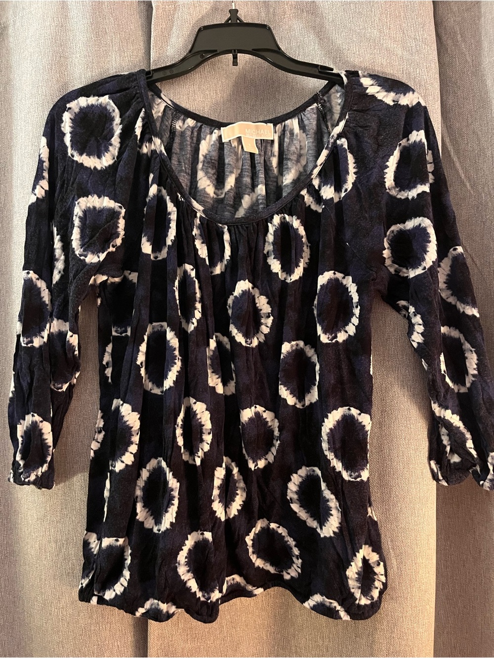 Michael Kors Navy and White Tie-Dye Circle Scoop Neck Blouse